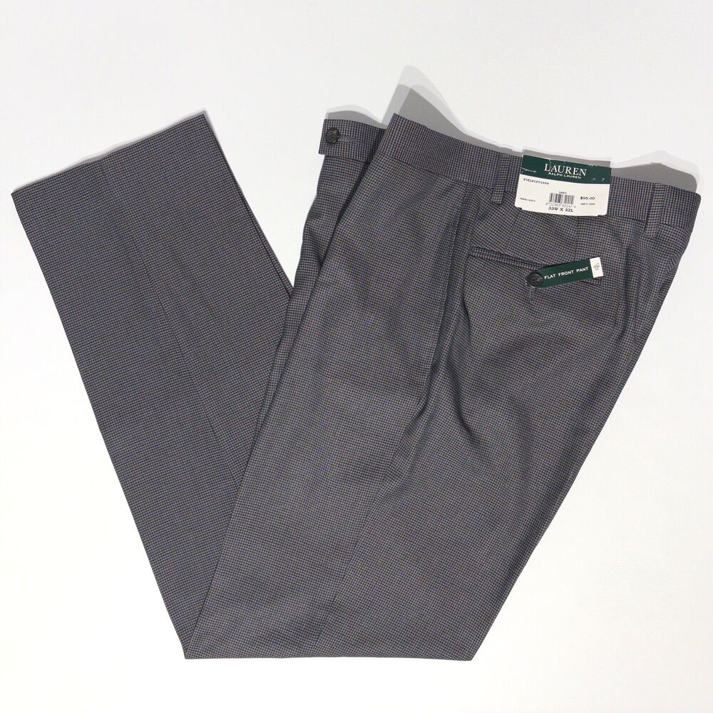 NWT Ralph Lauren Black Gray Micro Houndstooth Flat Front Dress Pants Men 33x32